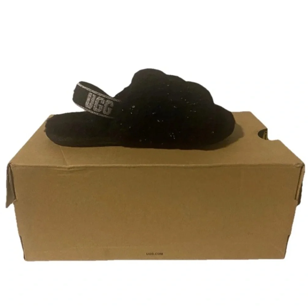 Ugg Girls Size 12 Toddler Black Fluff Yeah Metallic Sparkle Quilted Slippers NWT